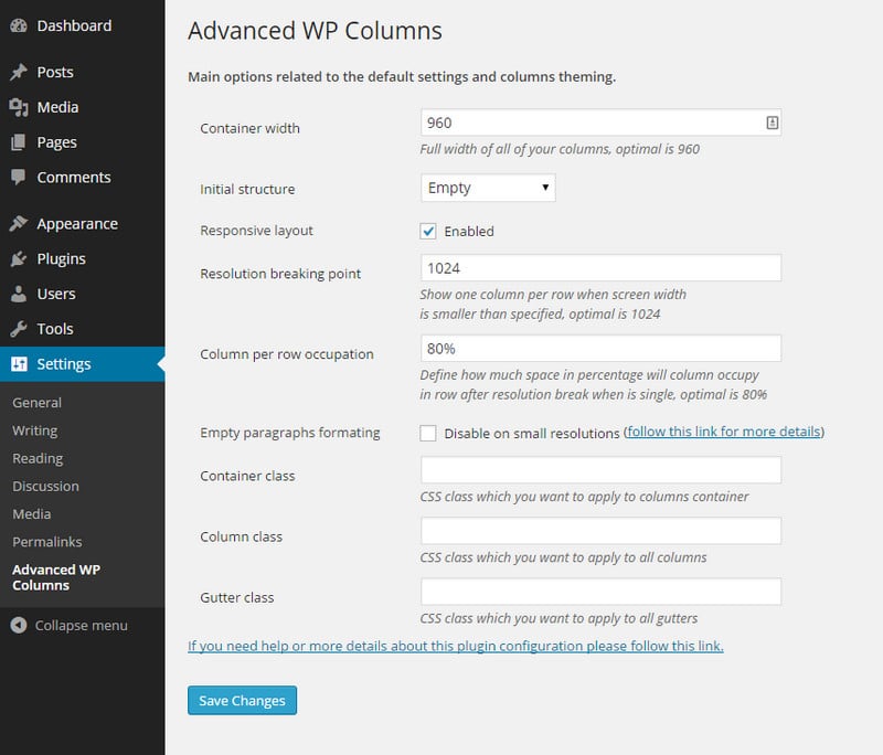 responsive columns in wordpress plugin