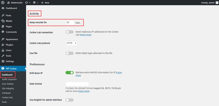 configure activity log