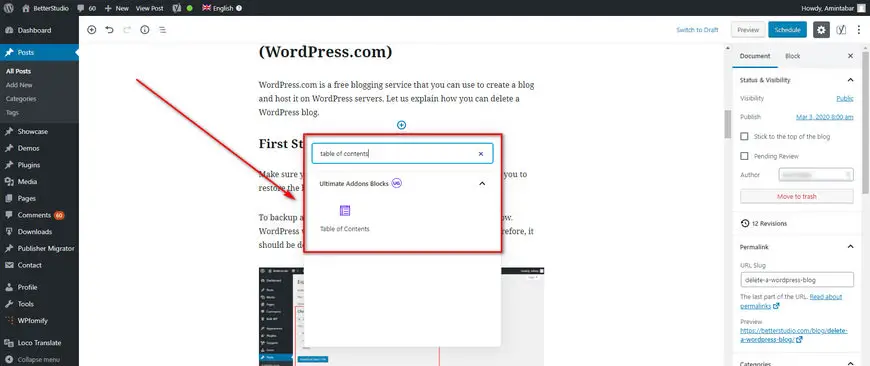 table of contents in wordpress