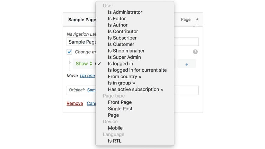 conditional menu in WordPress