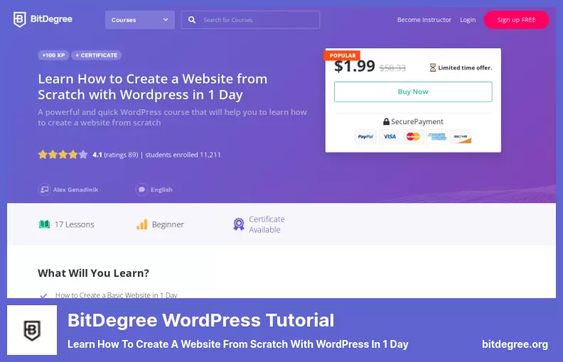 BitDegree WordPress Tutorial - Learn How to Create a Website from Scratch with WordPress in 1 Day