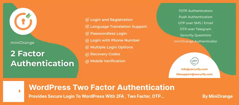 WordPress Two Factor Authentication Plugin - Provides Secure Login to WordPress with 2FA , Two Factor, OTP SMS and Email