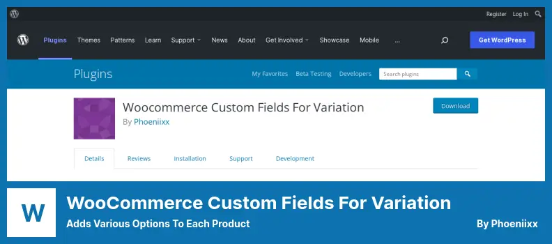 WooCommerce Custom Fields For Variation Plugin - Adds Various Options to Each Product