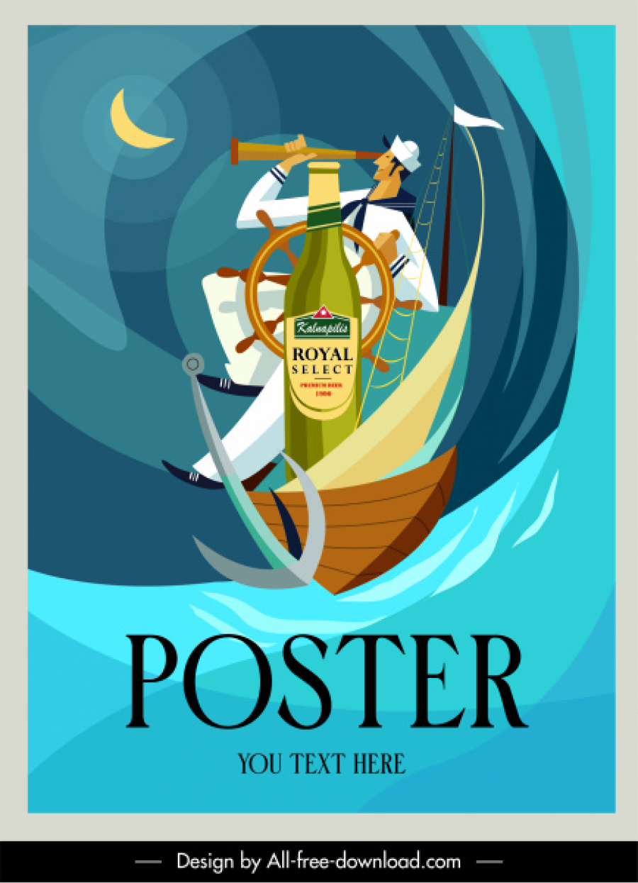 Wine advertising poster template sailor marine elements sketch - 