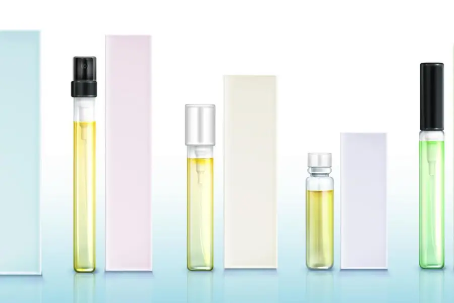 Perfume sample bottles and boxes, scent mockup set Free Vector - 
